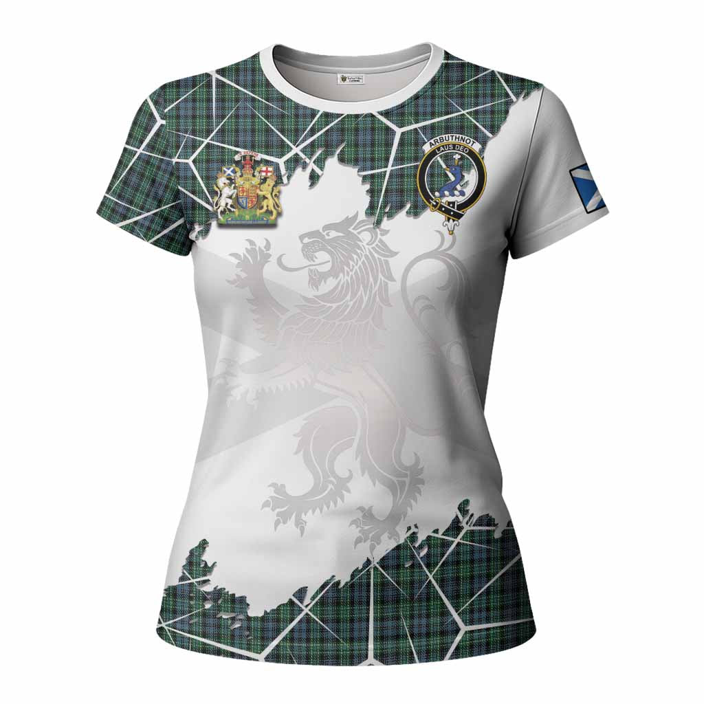 Arbuthnot Tartan Women T shirt with Family Crest and Lion Rampant Grunge Style