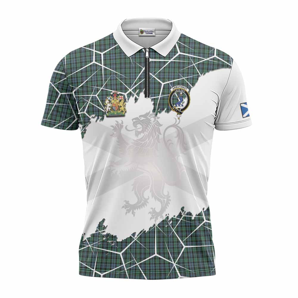 Arbuthnot Tartan Zipper Polo Shirt with Family Crest and Lion Rampant Grunge Style