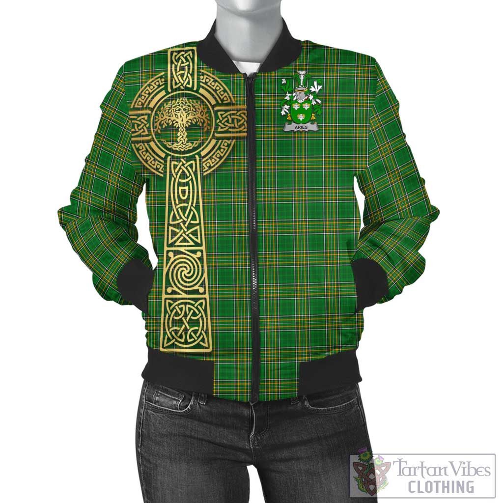 Tartan Vibes Clothing Aries Irish Clan Tartan Bomber Jacket with Coat of Arms Celtic Tree of Life Style