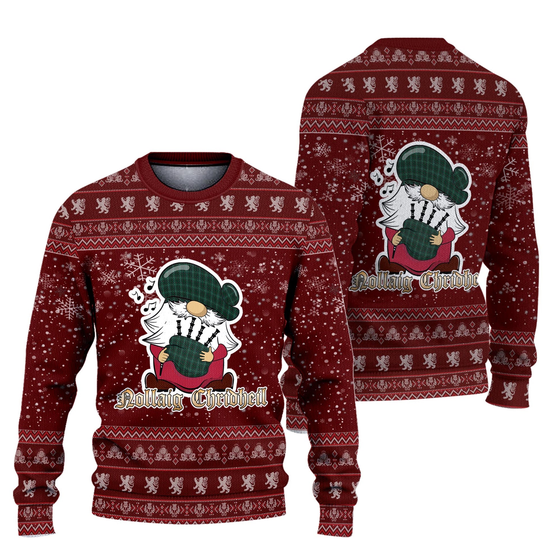 Armagh County Ireland Clan Christmas Family Knitted Sweater with Funny Gnome Playing Bagpipes Unisex Red - Tartanvibesclothing