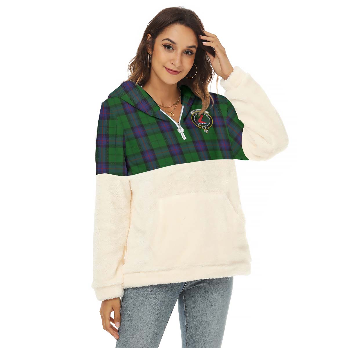 Armstrong Tartan Women's Borg Fleece Hoodie With Half Zip with Family Crest Female - Tartan Vibes Clothing