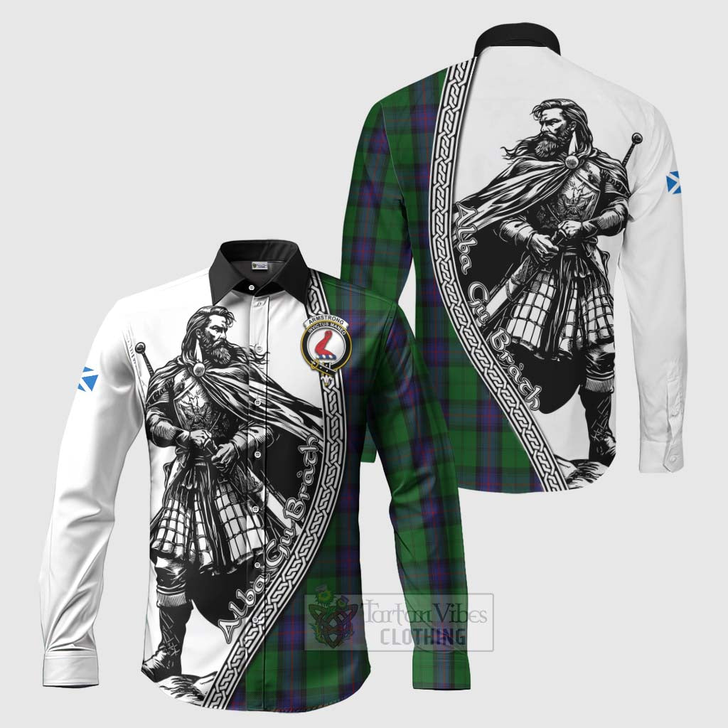 Tartan Vibes Clothing Armstrong Tartan Clan Crest Long Sleeve Button Shirt with Highlander Warrior Celtic Style