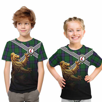 Tartan Vibes Clothing Armstrong Crest Tartan Kid T-Shirt with Golden Lion Emblem Celtic Style