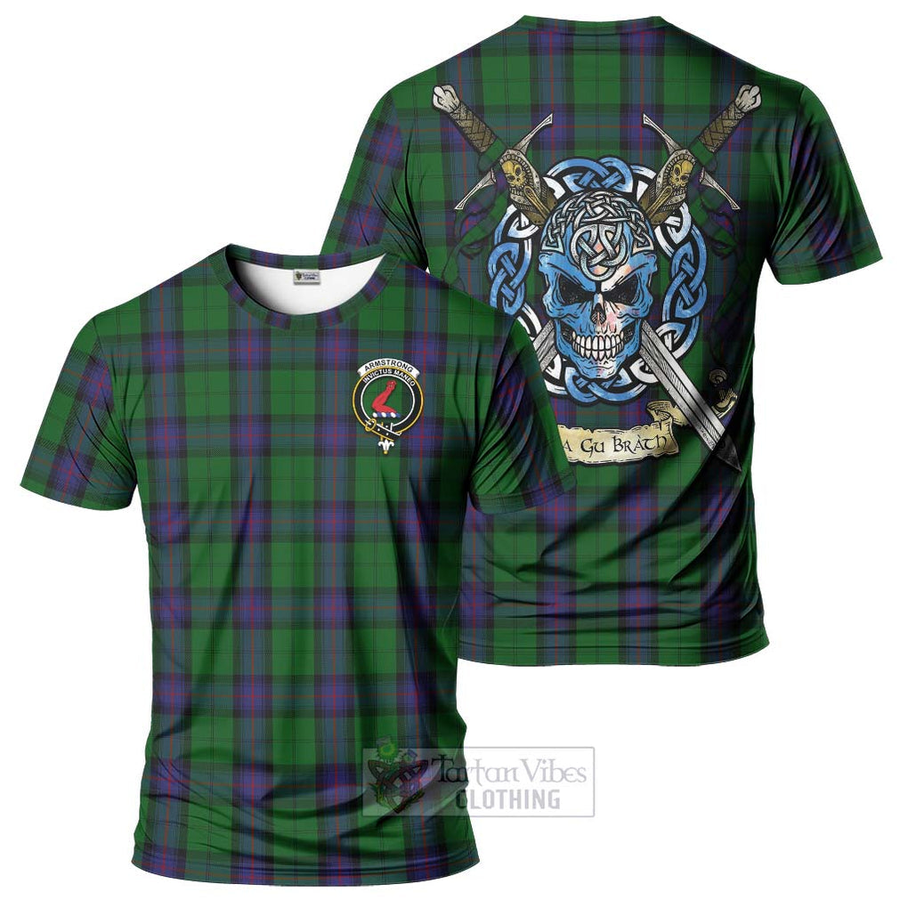 Tartan Vibes Clothing Armstrong Tartan T-Shirt with Family Crest Celtic Skull Style