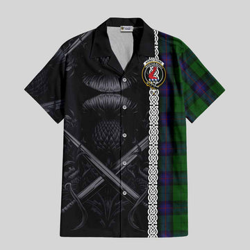 Tartan Vibes Clothing Armstrong Tartan Short Sleeve Button Shirt with Family Crest Cross Sword Thistle Celtic Vibes