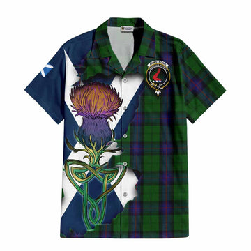 Tartan Vibes Clothing Armstrong Tartan Family Crest Short Sleeve Button Shirt Scottish Thistle Celtic Inspired
