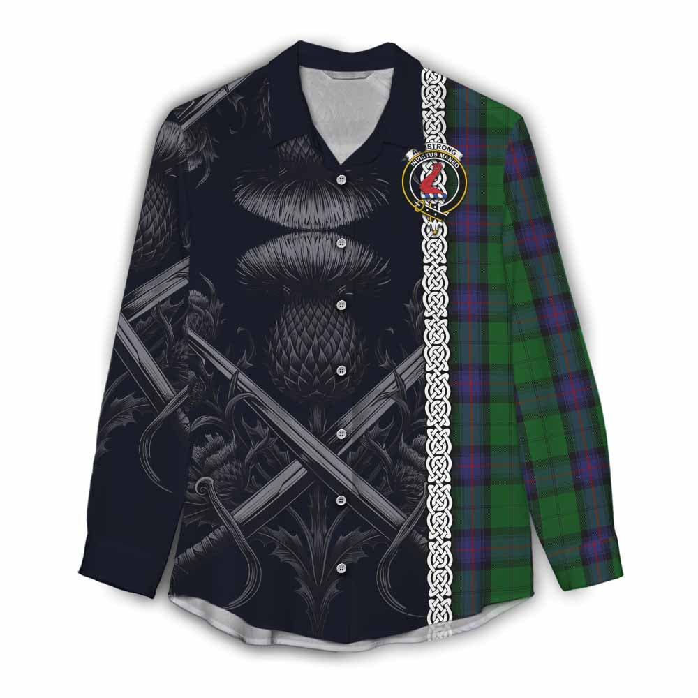 Tartan Vibes Clothing Armstrong Tartan Women's Casual Shirt with Family Crest Cross Sword Thistle Celtic Vibes