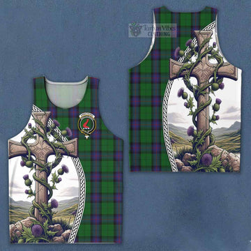 Tartan Vibes Clothing Armstrong Tartan Men's Tank Top with Family Crest and St. Andrew's Cross Accented by Thistle Vines