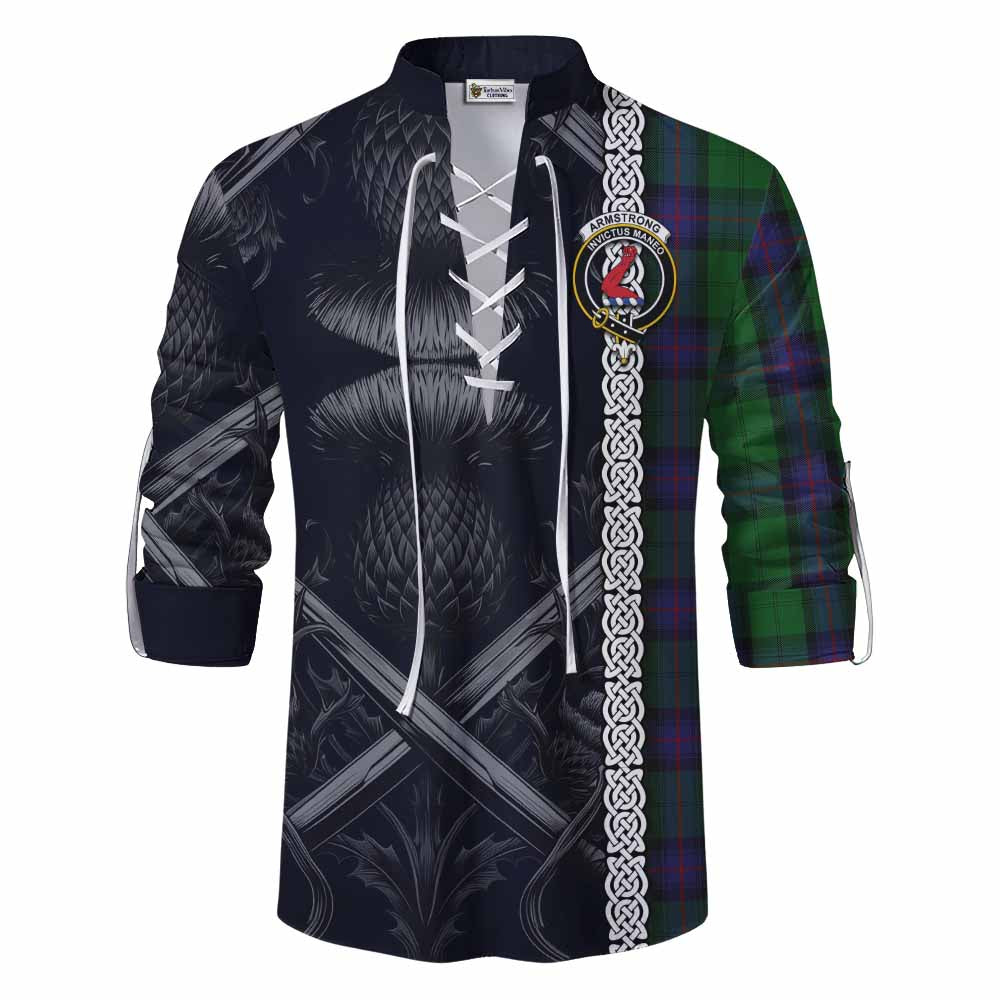 Tartan Vibes Clothing Armstrong Tartan Ghillie Kilt Shirt with Family Crest Cross Sword Thistle Celtic Vibes