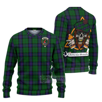 Tartan Vibes Clothing Armstrong Tartan Knitted Sweater with Family Crest and Bearded Skull Holding Bottles of Whiskey
