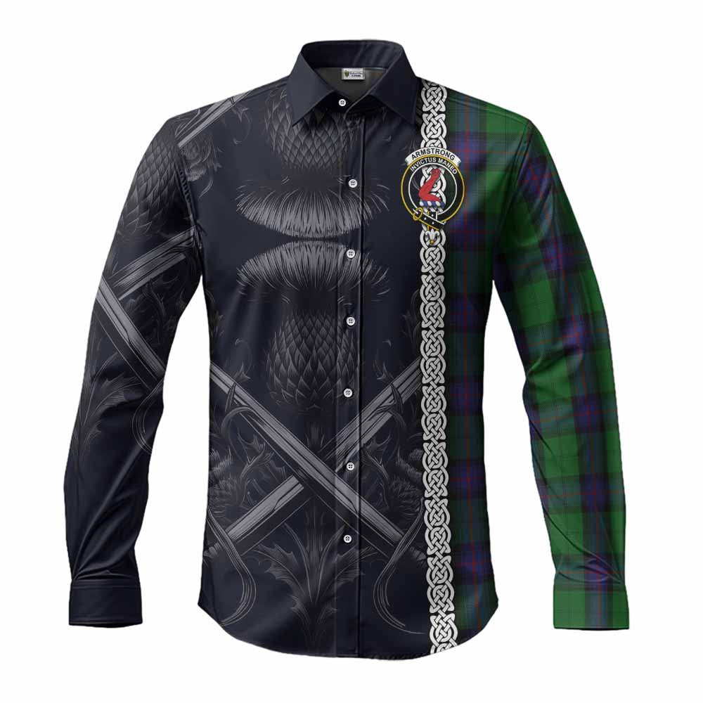 Tartan Vibes Clothing Armstrong Tartan Long Sleeve Button Shirt with Family Crest Cross Sword Thistle Celtic Vibes