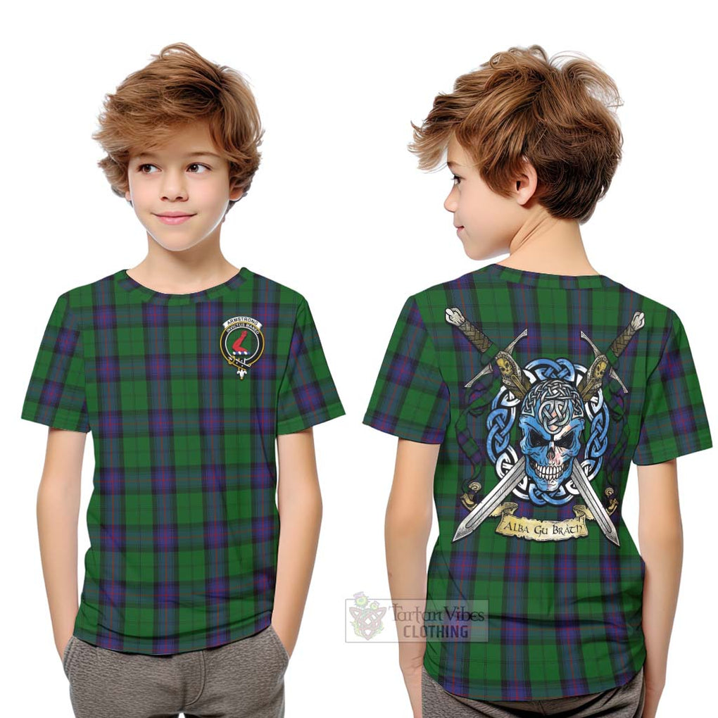 Tartan Vibes Clothing Armstrong Tartan Kid T-Shirt with Family Crest Celtic Skull Style
