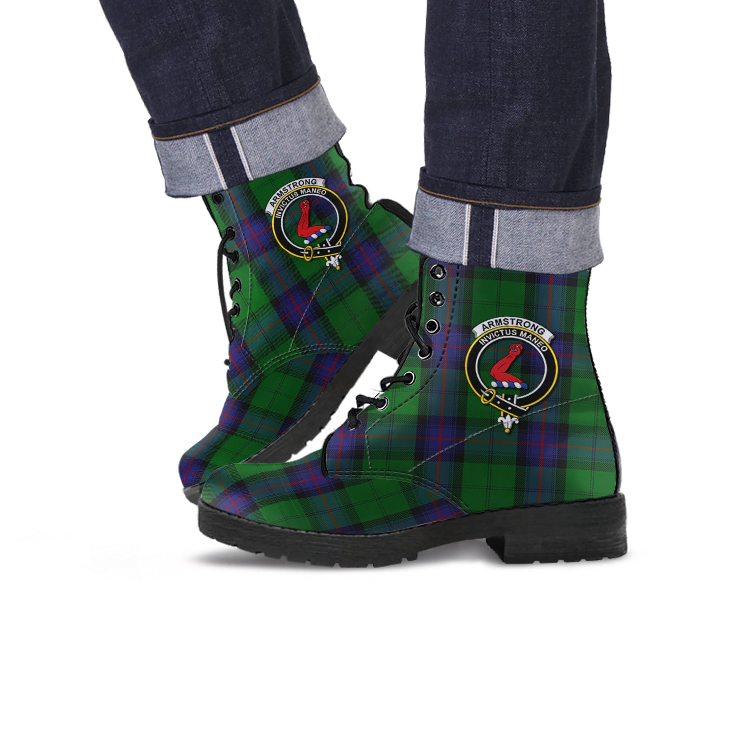 Armstrong Tartan Leather Boots with Family Crest - Tartanvibesclothing