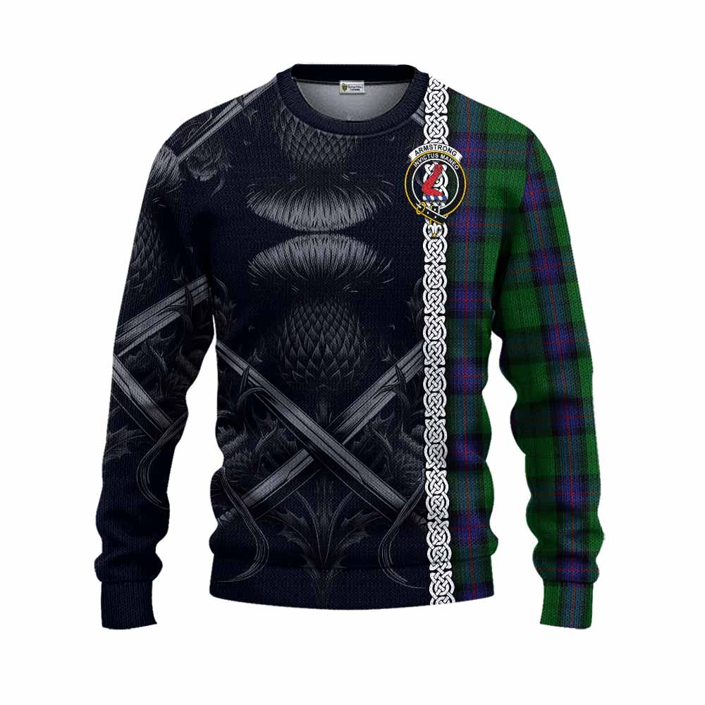 Tartan Vibes Clothing Armstrong Tartan Knitted Sweater with Family Crest Cross Sword Thistle Celtic Vibes
