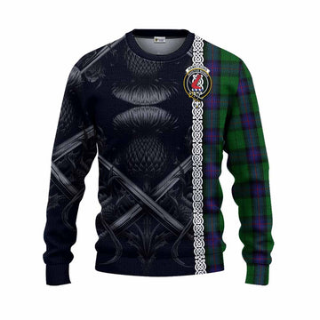 Tartan Vibes Clothing Armstrong Tartan Knitted Sweater with Family Crest Cross Sword Thistle Celtic Vibes