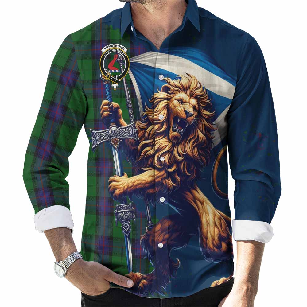 Tartan Vibes Clothing Armstrong Tartan Family Crest Long Sleeve Button Shirt with Scottish Majestic Lion