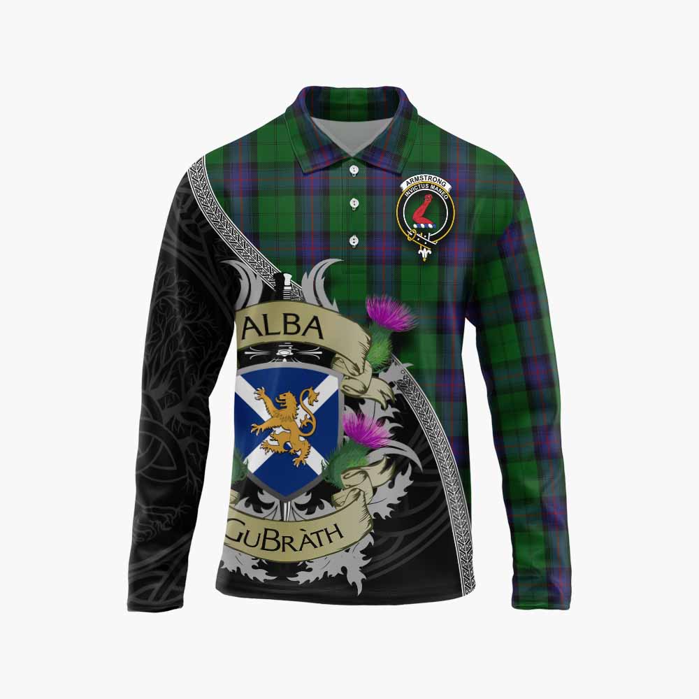 Tartan Vibes Clothing Armstrong Tartan Family Crest Long Sleeve Polo Shirt Lion Rampant Royal Thistle Shield Celtic Inspired