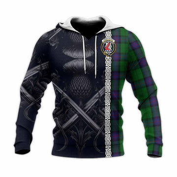 Tartan Vibes Clothing Armstrong Tartan Knitted Hoodie with Family Crest Cross Sword Thistle Celtic Vibes