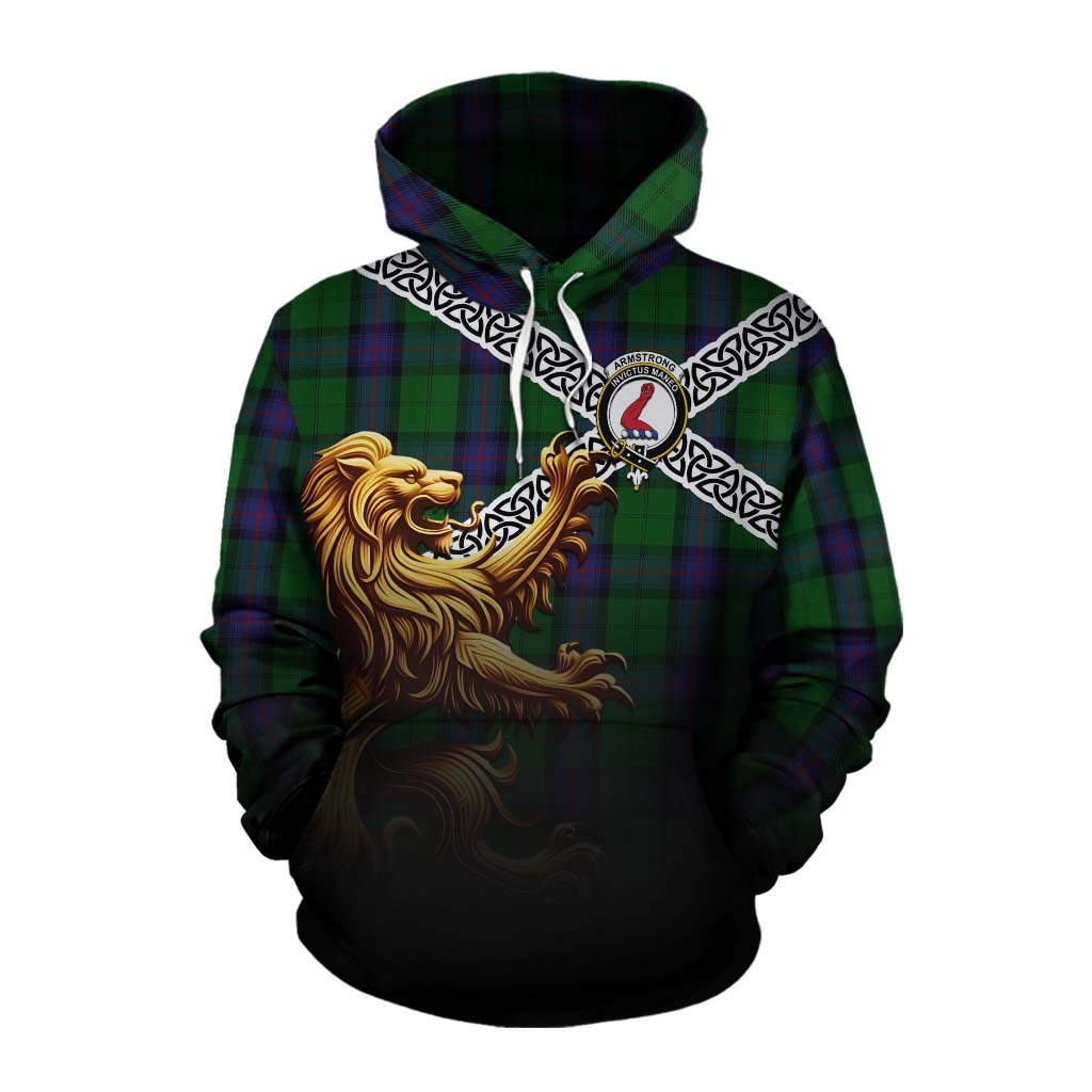 Tartan Vibes Clothing Armstrong Crest Tartan Cotton Hoodie with Golden Lion Emblem Celtic Style