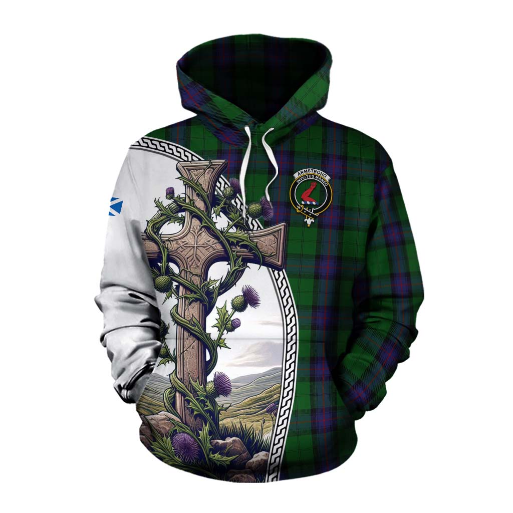 Tartan Vibes Clothing Armstrong Tartan Cotton Hoodie with Family Crest and St. Andrew's Cross Accented by Thistle Vines