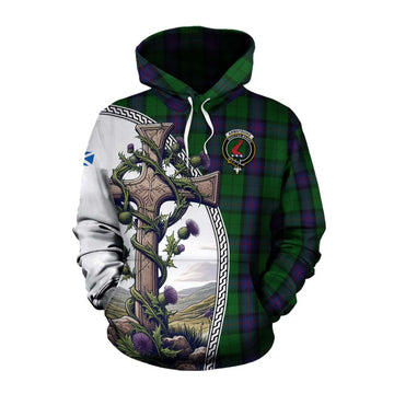 Tartan Vibes Clothing Armstrong Tartan Cotton Hoodie with Family Crest and St. Andrew's Cross Accented by Thistle Vines