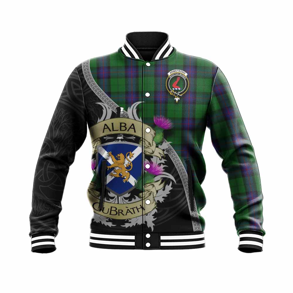 Tartan Vibes Clothing Armstrong Tartan Family Crest Baseball Jacket Lion Rampant Royal Thistle Shield Celtic Inspired