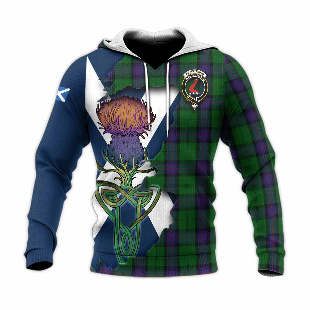 Tartan Vibes Clothing Armstrong Tartan Family Crest Knitted Hoodie Scottish Thistle Celtic Inspired