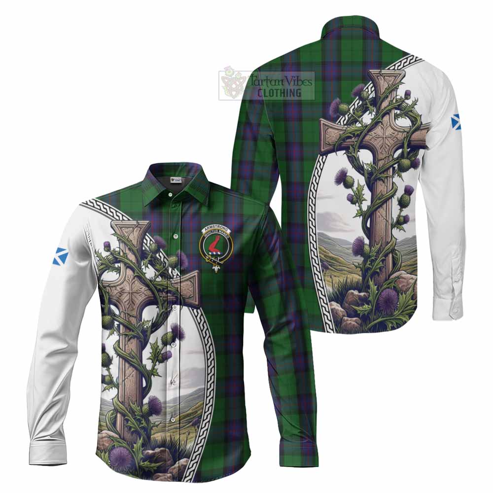 Tartan Vibes Clothing Armstrong Tartan Long Sleeve Button Shirt with Family Crest and St. Andrew's Cross Accented by Thistle Vines