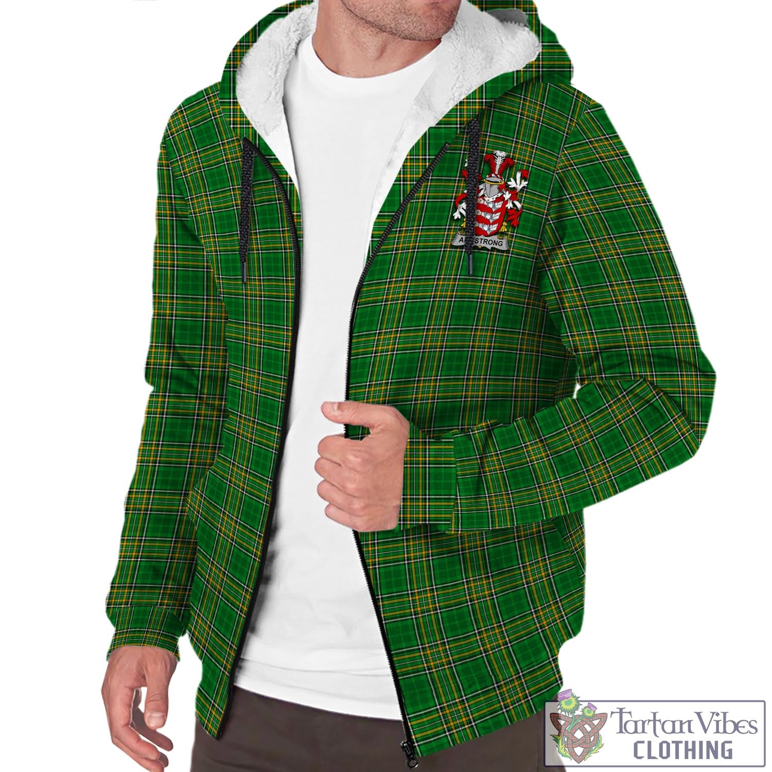 Tartan Vibes Clothing Armstrong Ireland Clan Tartan Sherpa Hoodie with Coat of Arms