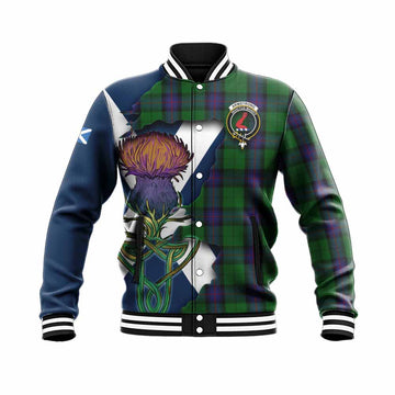 Tartan Vibes Clothing Armstrong Tartan Family Crest Baseball Jacket Scottish Thistle Celtic Inspired