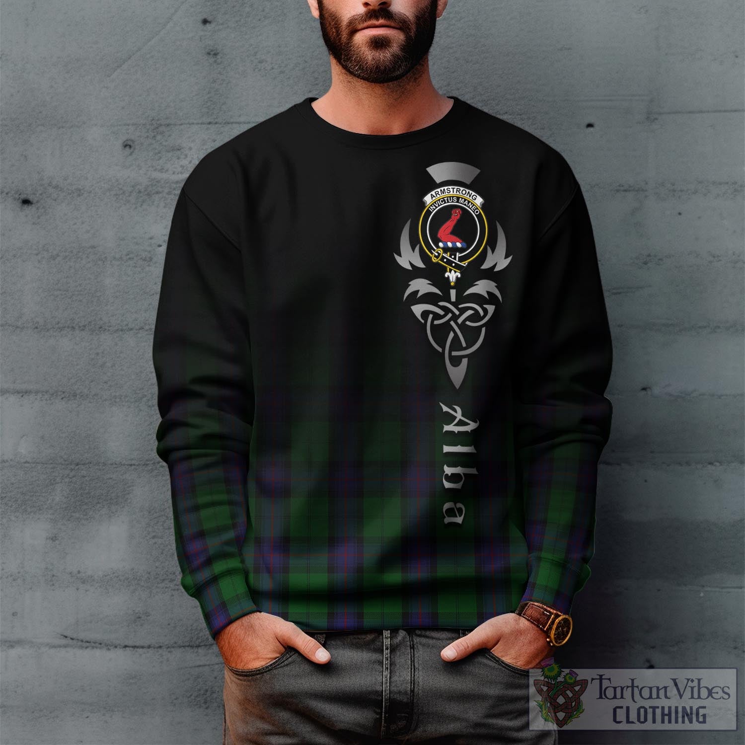 Tartan Vibes Clothing Armstrong Tartan Sweatshirt Featuring Alba Gu Brath Family Crest Celtic Inspired