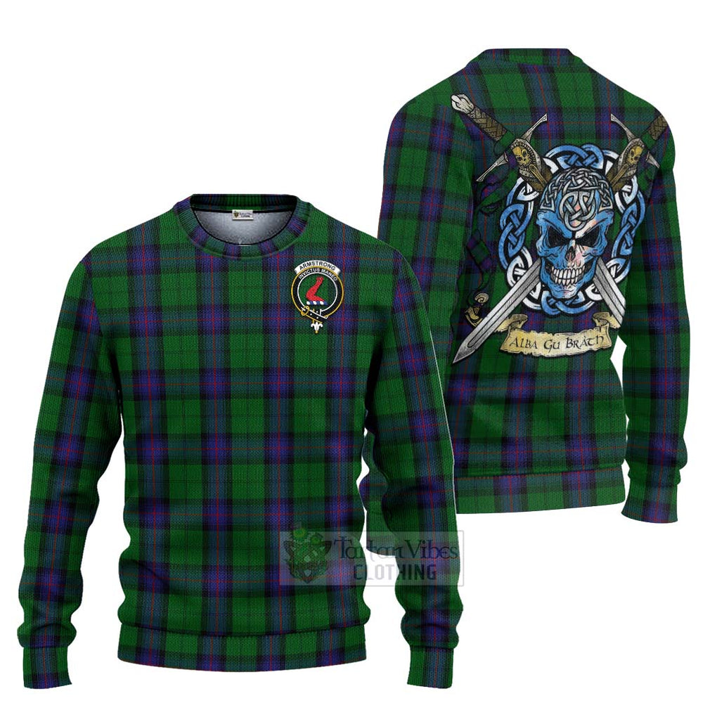 Tartan Vibes Clothing Armstrong Tartan Knitted Sweater with Family Crest Celtic Skull Style
