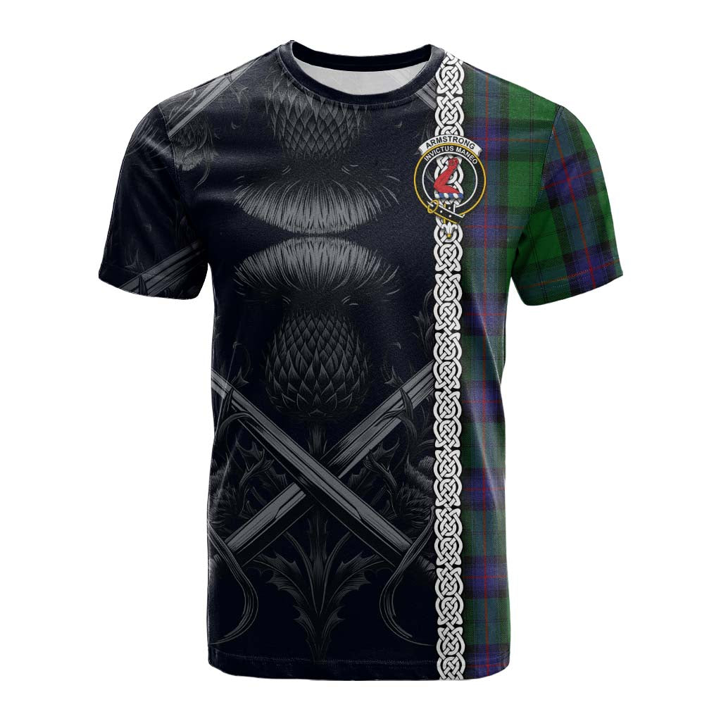Tartan Vibes Clothing Armstrong Tartan Cotton T-shirt with Family Crest Cross Sword Thistle Celtic Vibes