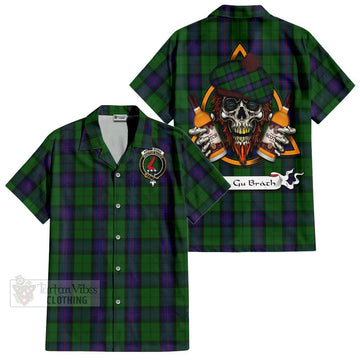 Armstrong Tartan Hawaiian Shirt with Family Crest and Bearded Skull Holding Bottles of Whiskey