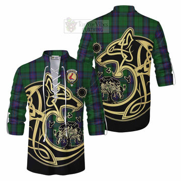 Tartan Vibes Clothing Armstrong Tartan Ghillie Kilt Shirt with Family Crest Celtic Wolf Style
