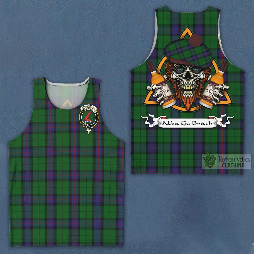 Tartan Vibes Clothing Armstrong Tartan Men's Tank Top with Family Crest and Bearded Skull Holding Bottles of Whiskey