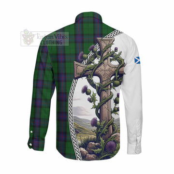 Armstrong Tartan Long Sleeve Button Shirt with Family Crest and St. Andrew's Cross Accented by Thistle Vines