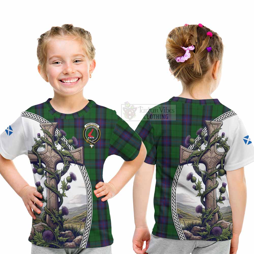 Tartan Vibes Clothing Armstrong Tartan Kid T-Shirt with Family Crest and St. Andrew's Cross Accented by Thistle Vines