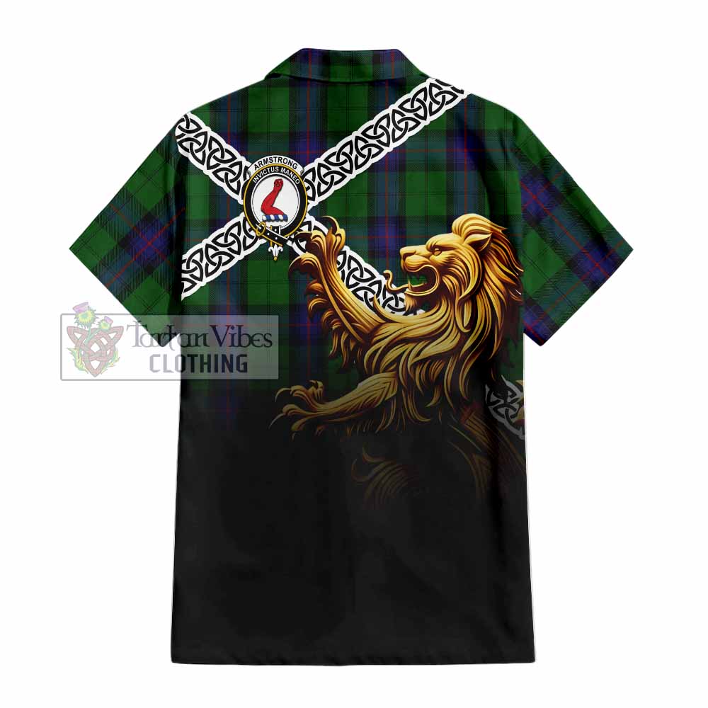Tartan Vibes Clothing Armstrong Crest Tartan Short Sleeve Button Shirt with Golden Lion Emblem Celtic Style