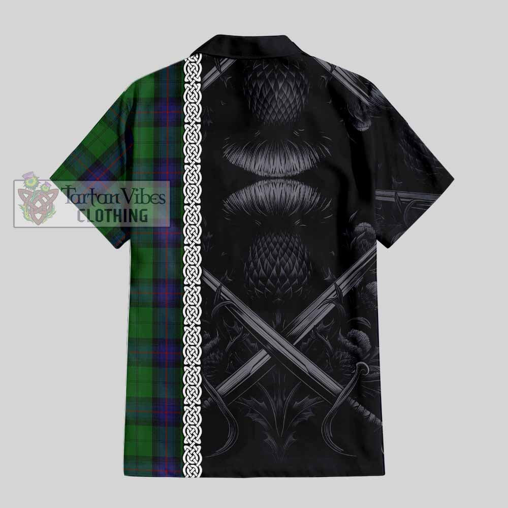 Tartan Vibes Clothing Armstrong Tartan Short Sleeve Button Shirt with Family Crest Cross Sword Thistle Celtic Vibes