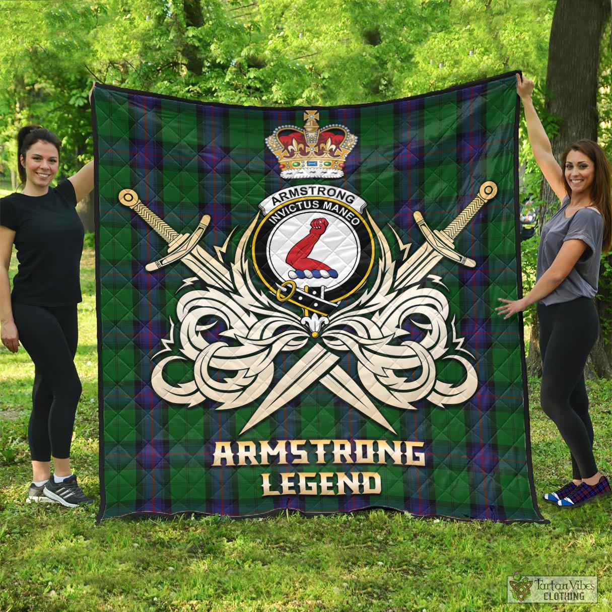 Tartan Vibes Clothing Armstrong Tartan Quilt with Clan Crest and the Golden Sword of Courageous Legacy