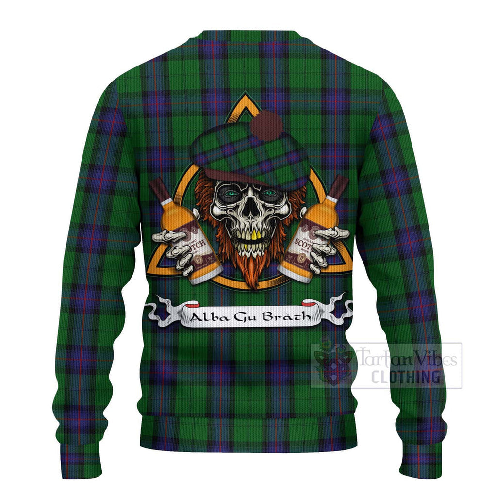 Tartan Vibes Clothing Armstrong Tartan Knitted Sweater with Family Crest and Bearded Skull Holding Bottles of Whiskey