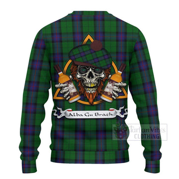 Tartan Vibes Clothing Armstrong Tartan Knitted Sweater with Family Crest and Bearded Skull Holding Bottles of Whiskey
