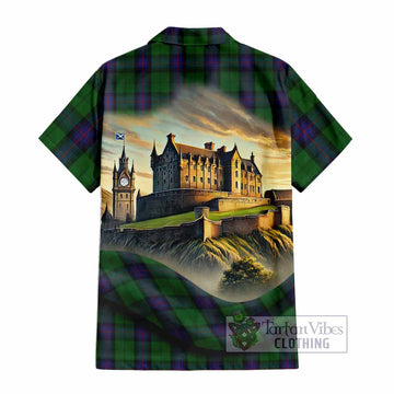 Tartan Vibes Clothing Armstrong Tartan Family Crest Short Sleeve Button Shirt with Scottish Ancient Castle Style