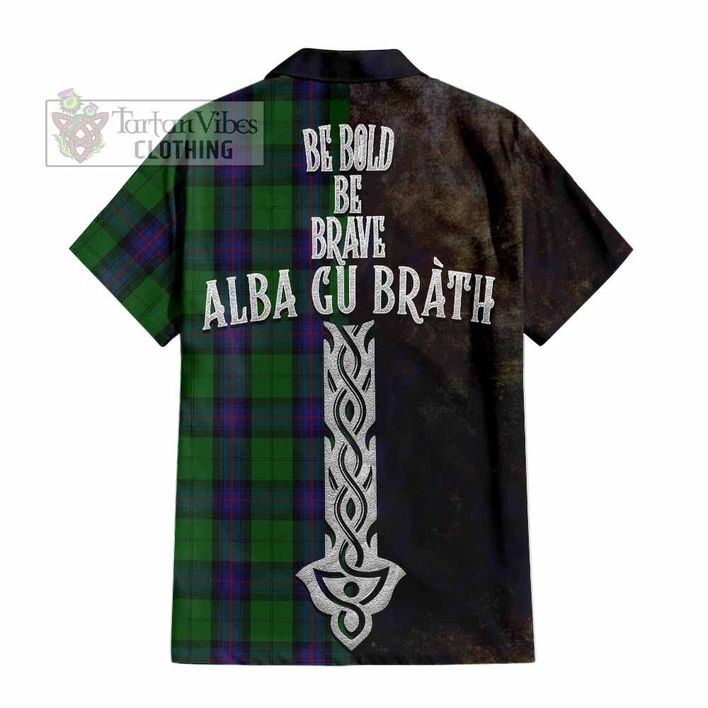 Tartan Vibes Clothing Armstrong Tartan Family Crest Short Sleeve Button Shirt Alba Gu Brath Be Brave Lion Ancient Style