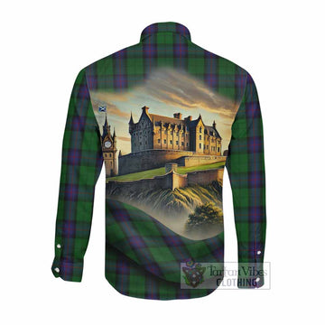 Armstrong Tartan Family Crest Long Sleeve Button Shirt with Scottish Ancient Castle Style