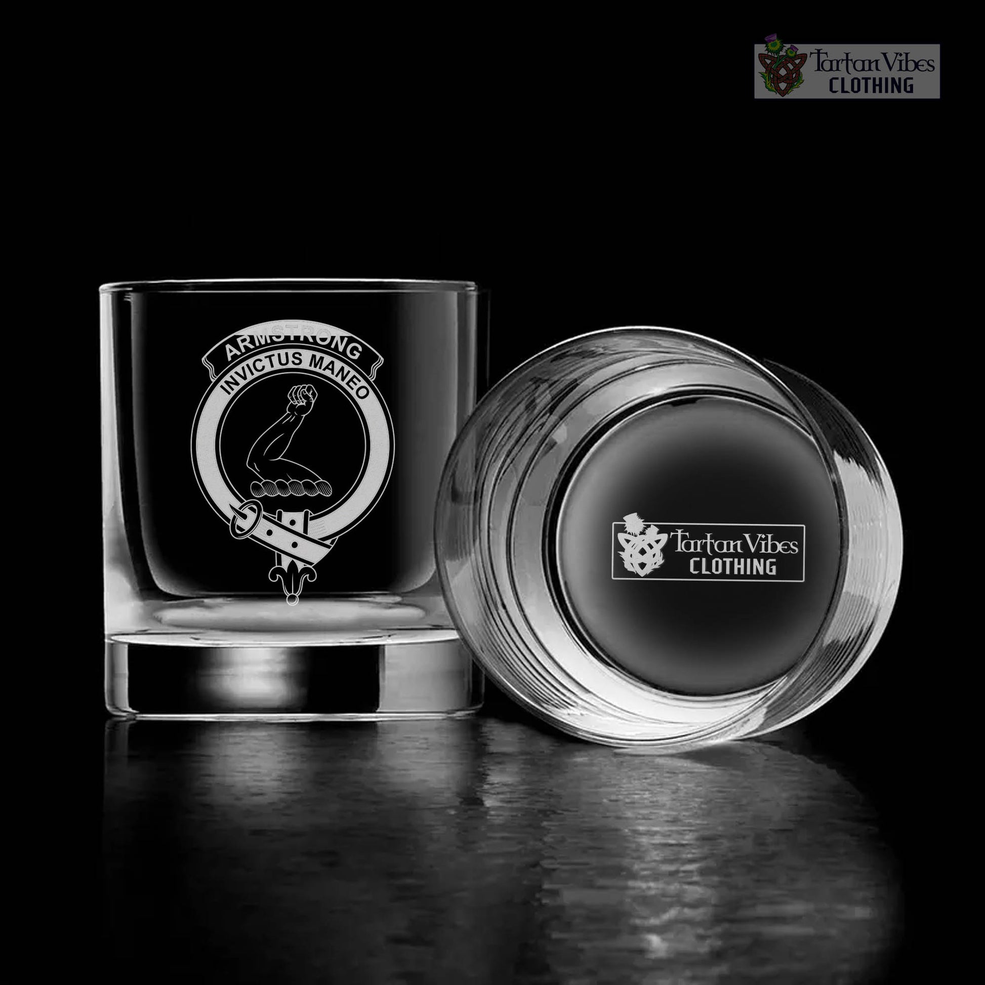 Tartan Vibes Clothing Armstrong Family Crest Engraved Whiskey Glass with Handle