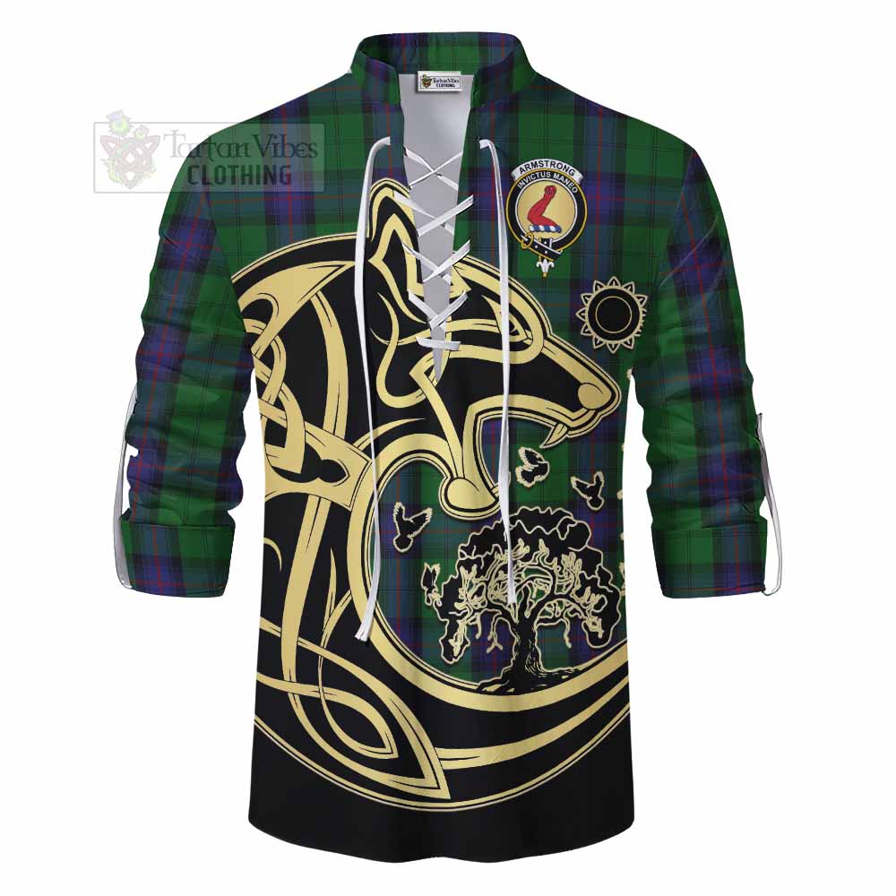 Tartan Vibes Clothing Armstrong Tartan Ghillie Kilt Shirt with Family Crest Celtic Wolf Style