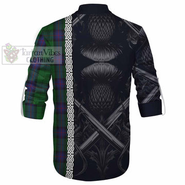 Tartan Vibes Clothing Armstrong Tartan Ghillie Kilt Shirt with Family Crest Cross Sword Thistle Celtic Vibes