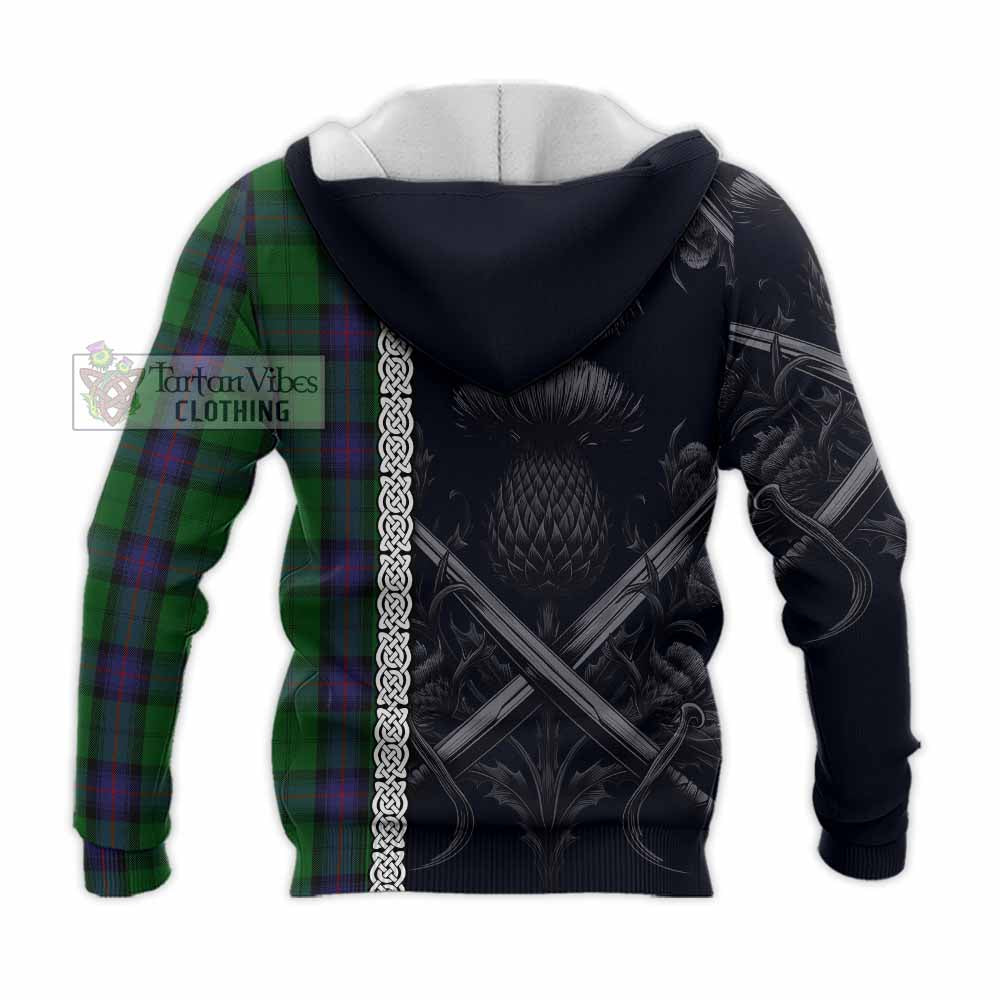 Tartan Vibes Clothing Armstrong Tartan Knitted Hoodie with Family Crest Cross Sword Thistle Celtic Vibes